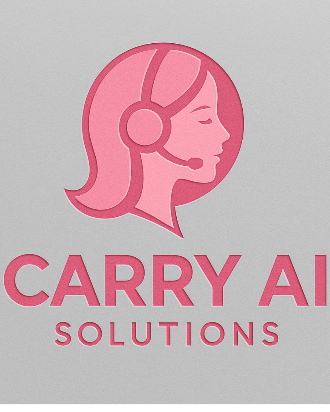 Logo for Carry AI Solutions featuring a pink silhouette of a woman wearing a headset within a pink circle, with the company name in pink text below.