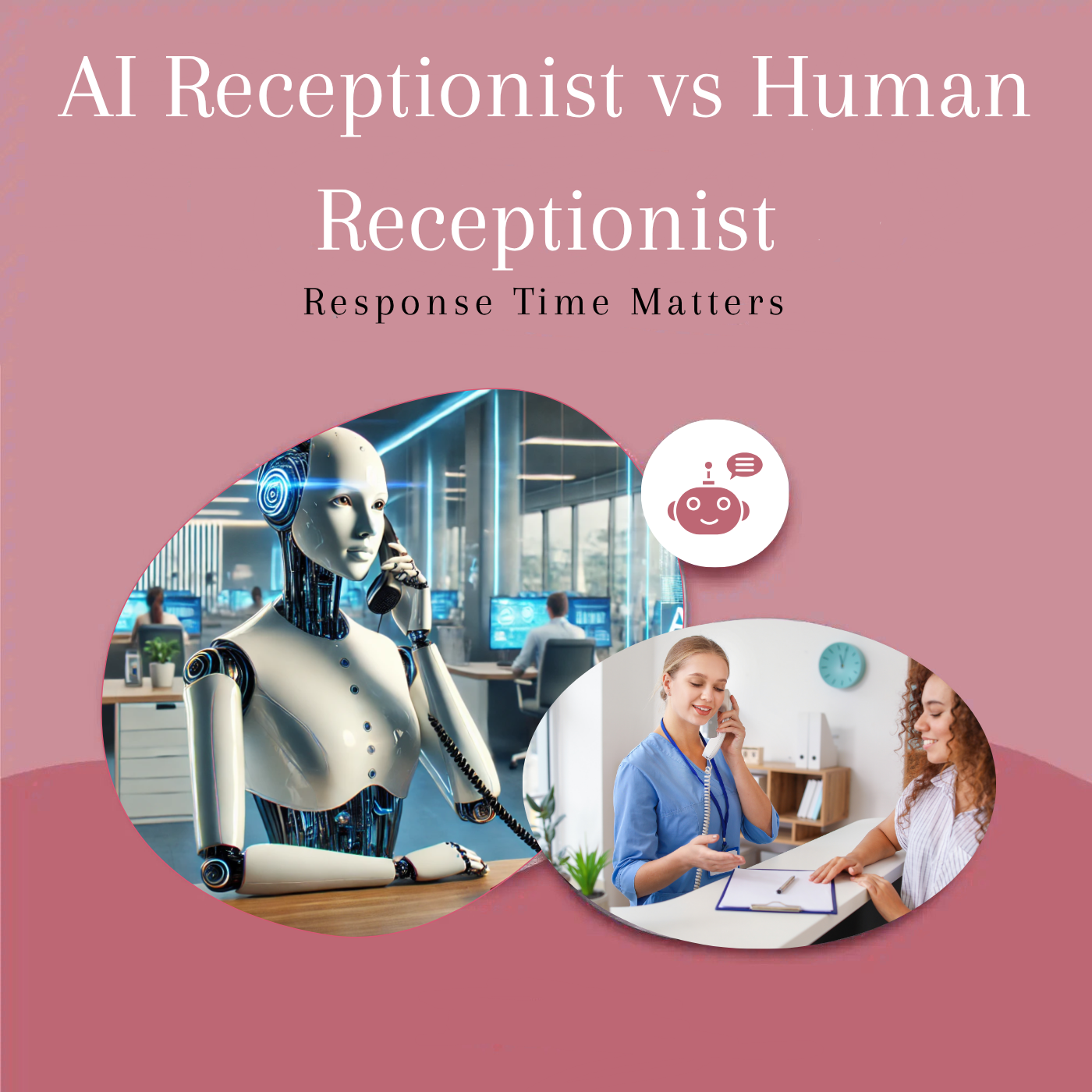 Comparison of AI receptionist and human receptionist with text 'AI Receptionist vs Human Receptionist, Response Time Matters'.