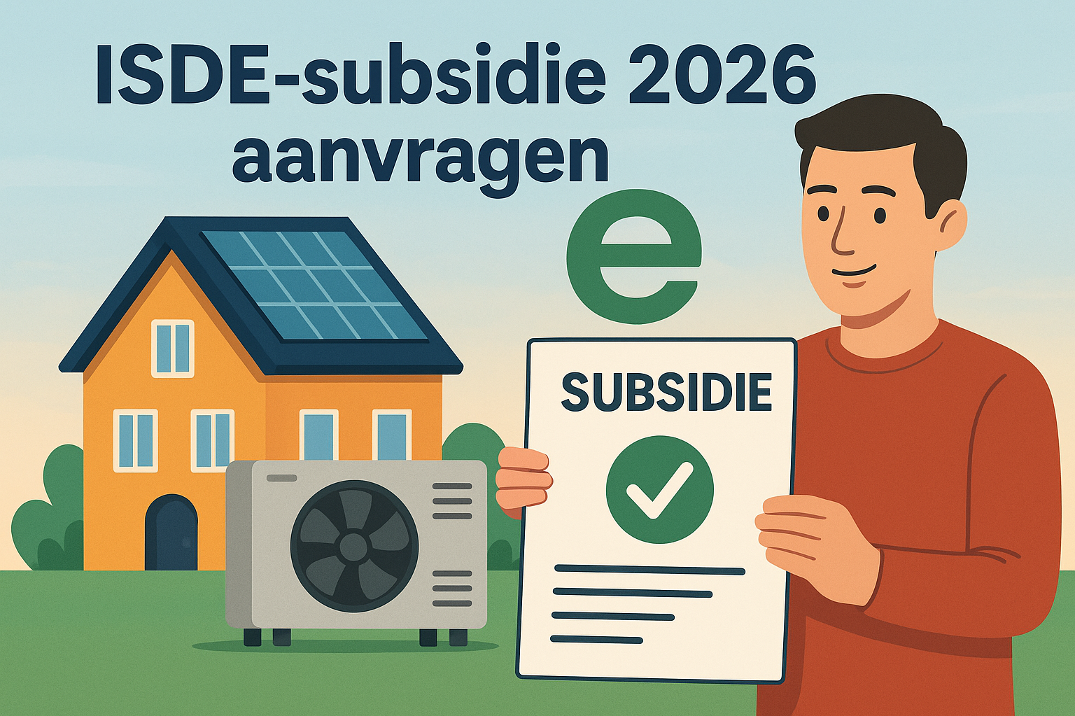 Illustratie van een man die een formulier vasthoudt met de tekst 'Subsidie' en een groen vinkje, met een huis en een warmtepomp op de achtergrond, en tekst 'ISDE-subsidie 2026 aanvragen' bovenaan.
