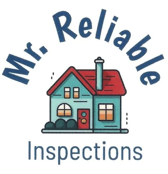 Logo for Mr. Reliable Inspections featuring a cartoon house with a red roof, blue walls, and four windows, with the company name arched above and the word 'Inspections' below.