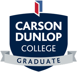 Carson Dunlop College graduate logo with a shield emblem, blue background, and gray ribbon reading 'GRADUATE'.