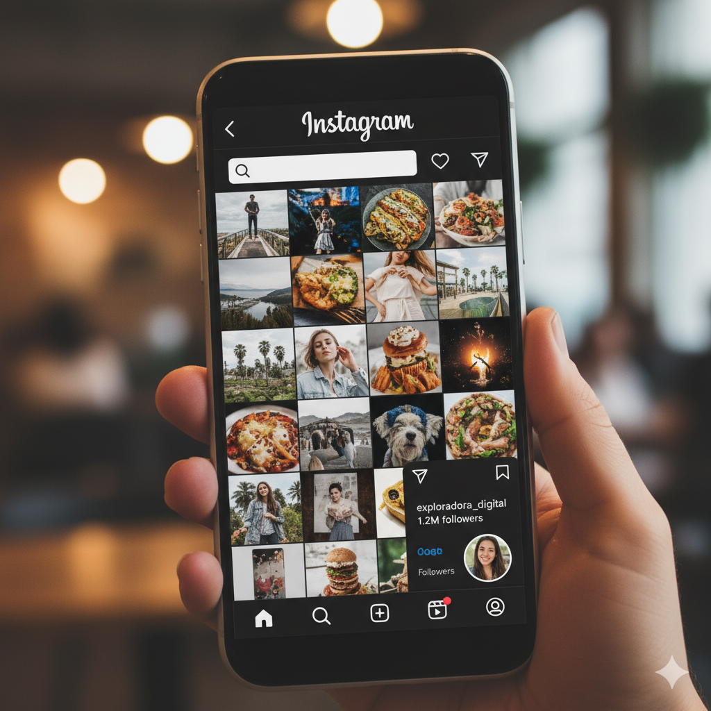 Pantalla de teléfono que muestra la interfaz de Instagram con varias fotos, incluyendo paisajes, comida y personas, en un ambiente interior con luz cálida.