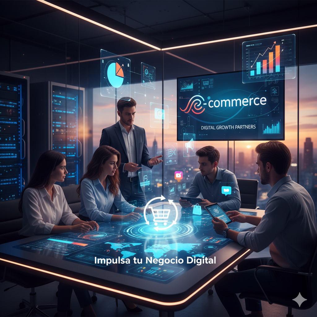 Reunión de negocios en una oficina moderna con tecnología digital y gráficos, promocionando el crecimiento de negocios digitales.