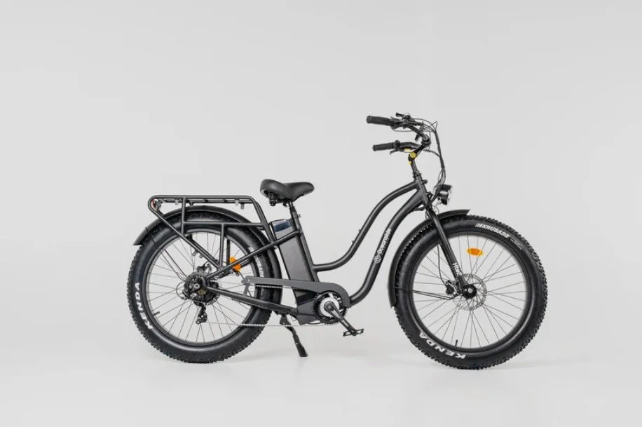 Black electric bicycle with a rear cargo rack, against a plain light gray background.