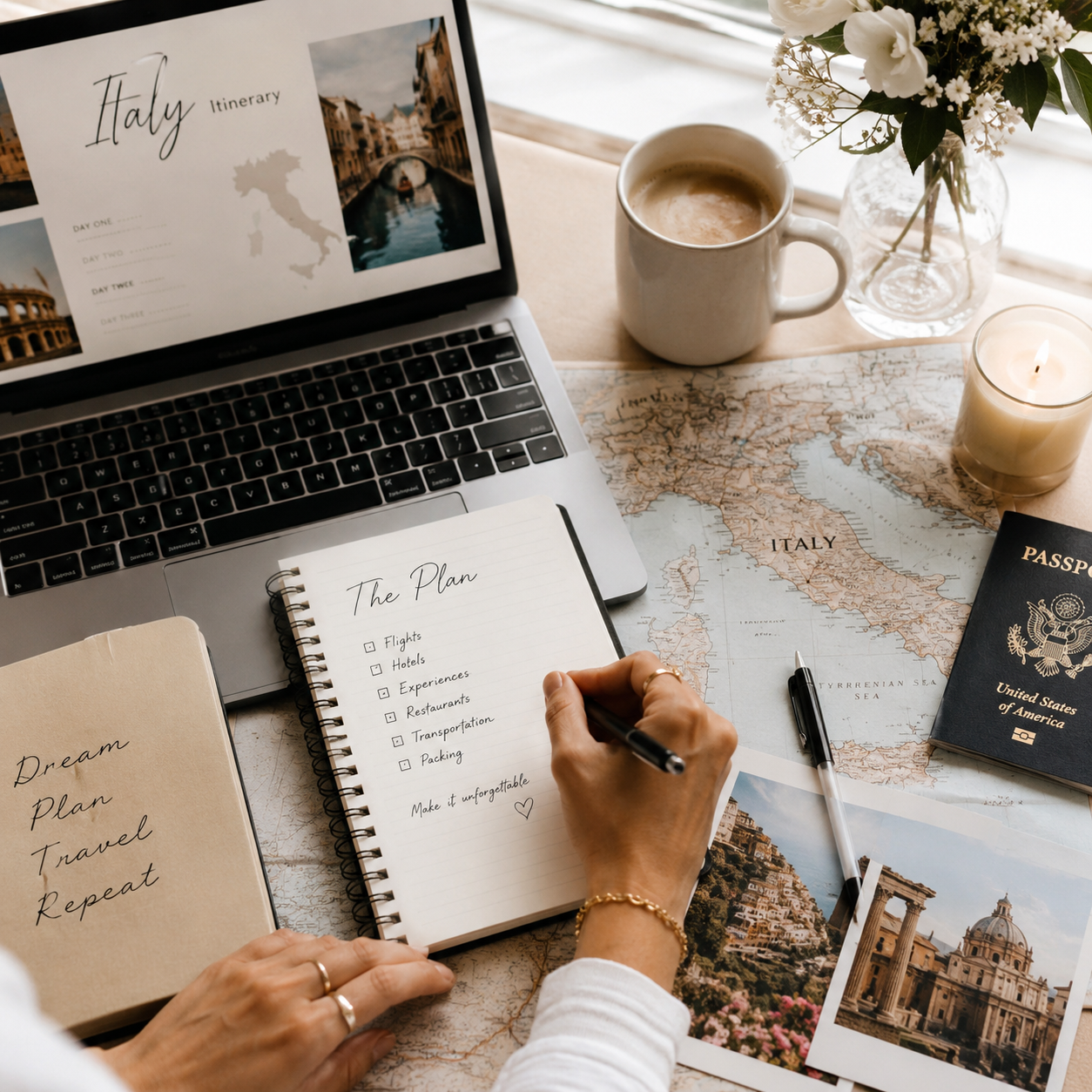 Travel advisor creating a personalized vacation itinerary with maps, laptop, passport, and travel planning materials.
