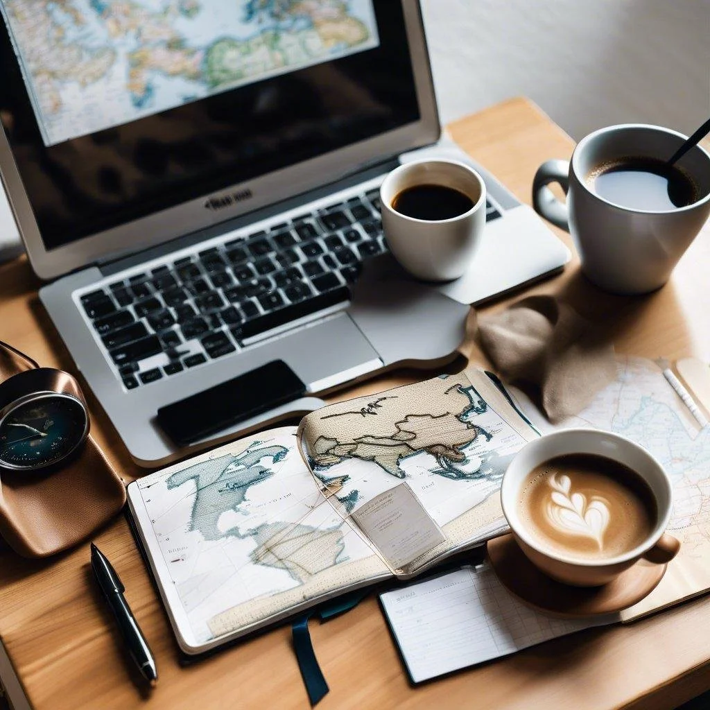 Custom travel itinerary planning workspace with maps laptop and travel tools by Ruggles & Routes Travel Co