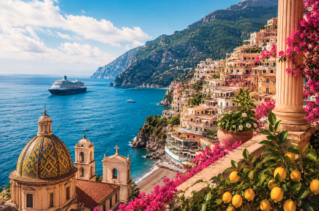Scenic Mediterranean coastline featuring colorful Italian cliffside villages, sparkling blue sea, a luxury cruise ship, blooming bougainvillea, and lemon trees, representing an Italian Riviera, France, and Spain cruise vacation.