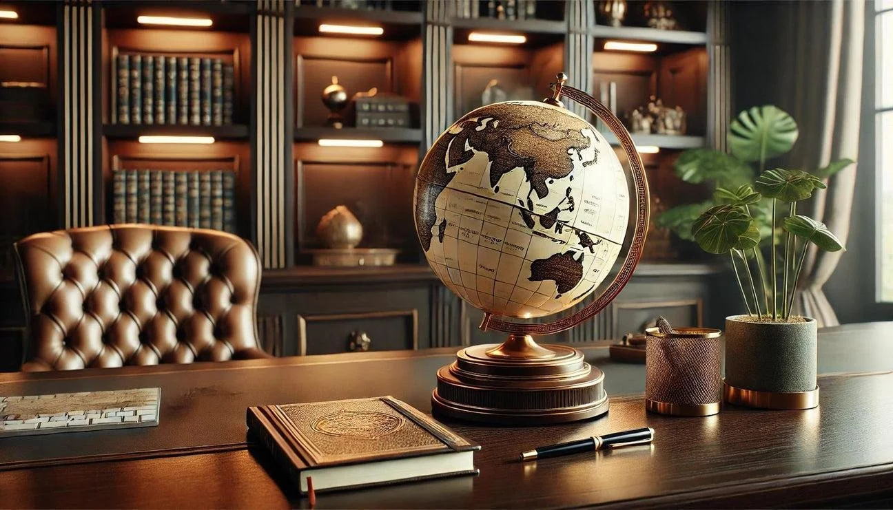 Luxury travel planning office with globe and elegant workspace representing personalized travel design
