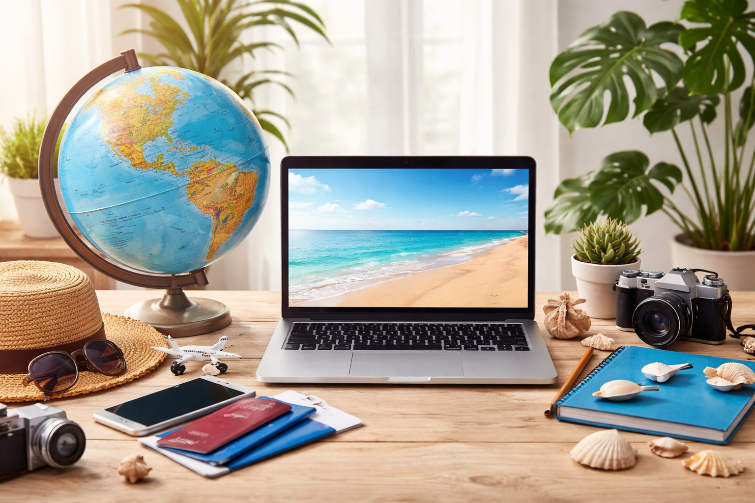 Travel advisor career opportunity featuring travel planning workspace with globe laptop beach destination and travel tools at Ruggles and Routes Travel Co