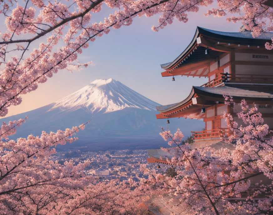 Cherry blossoms in full bloom surrounding a traditional Japanese pagoda with Mount Fuji in the distance, capturing the beauty of springtime in Japan.
