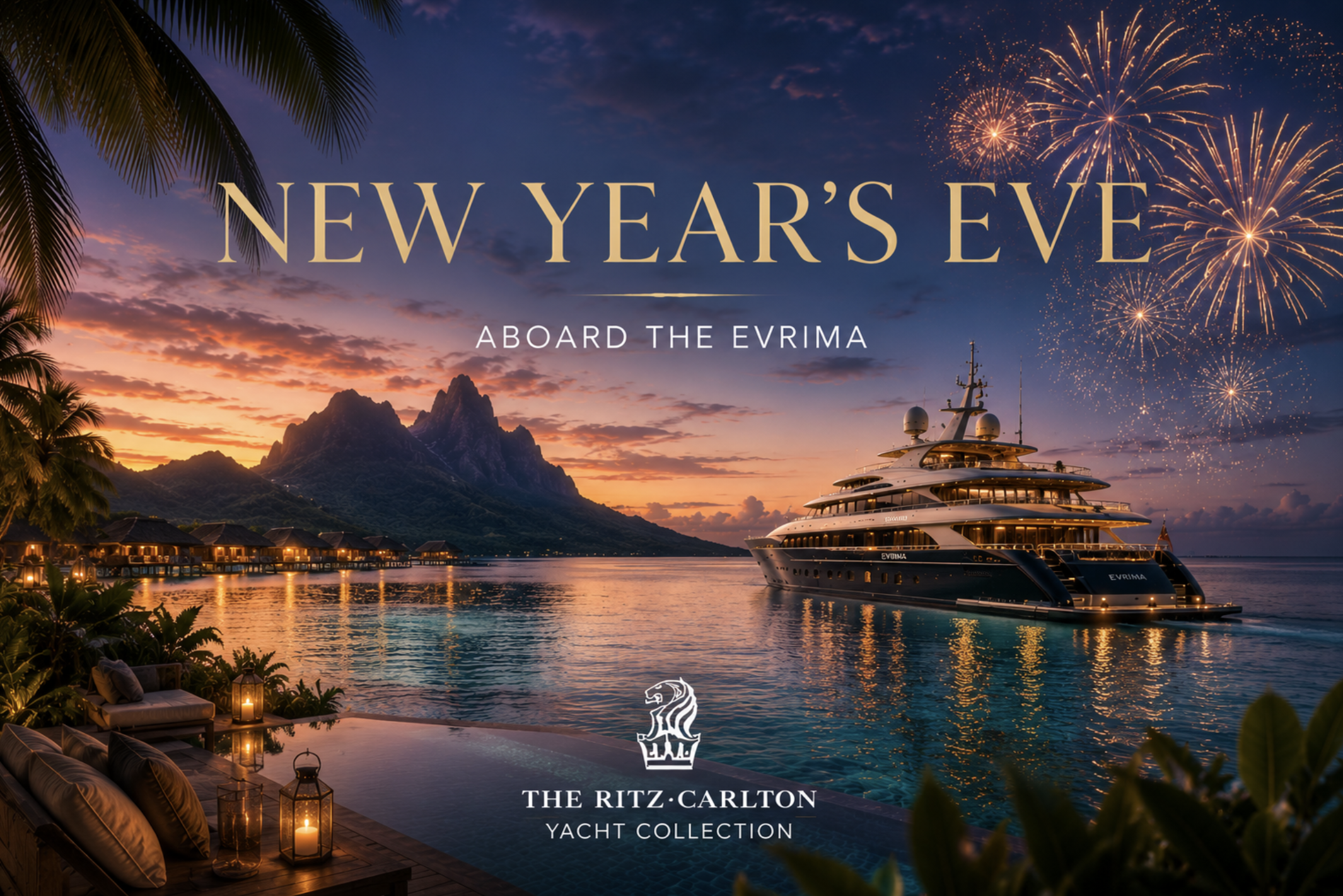 Luxury New Year's sailing aboard Evrima by The Ritz-Carlton Yacht Collection in Tahiti and Bora Bora.