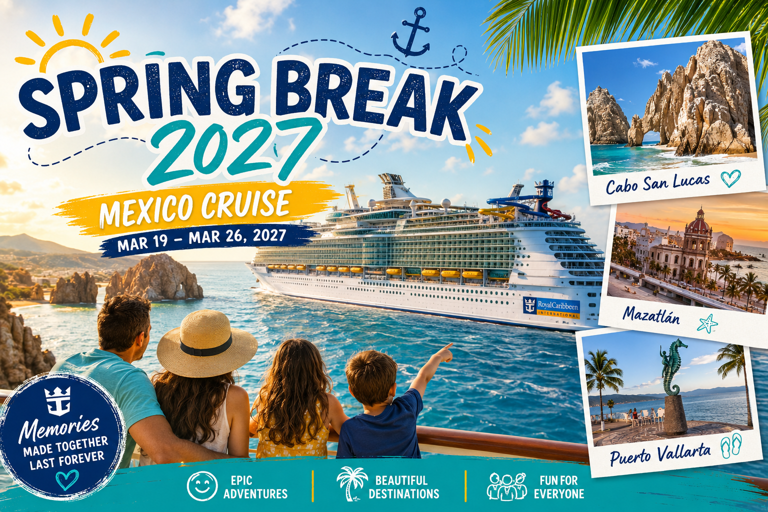 Royal Caribbean Mexico cruise visiting Cabo San Lucas, Puerto Vallarta, and Mazatlán during Spring Break 2027 with family-friendly adventures.