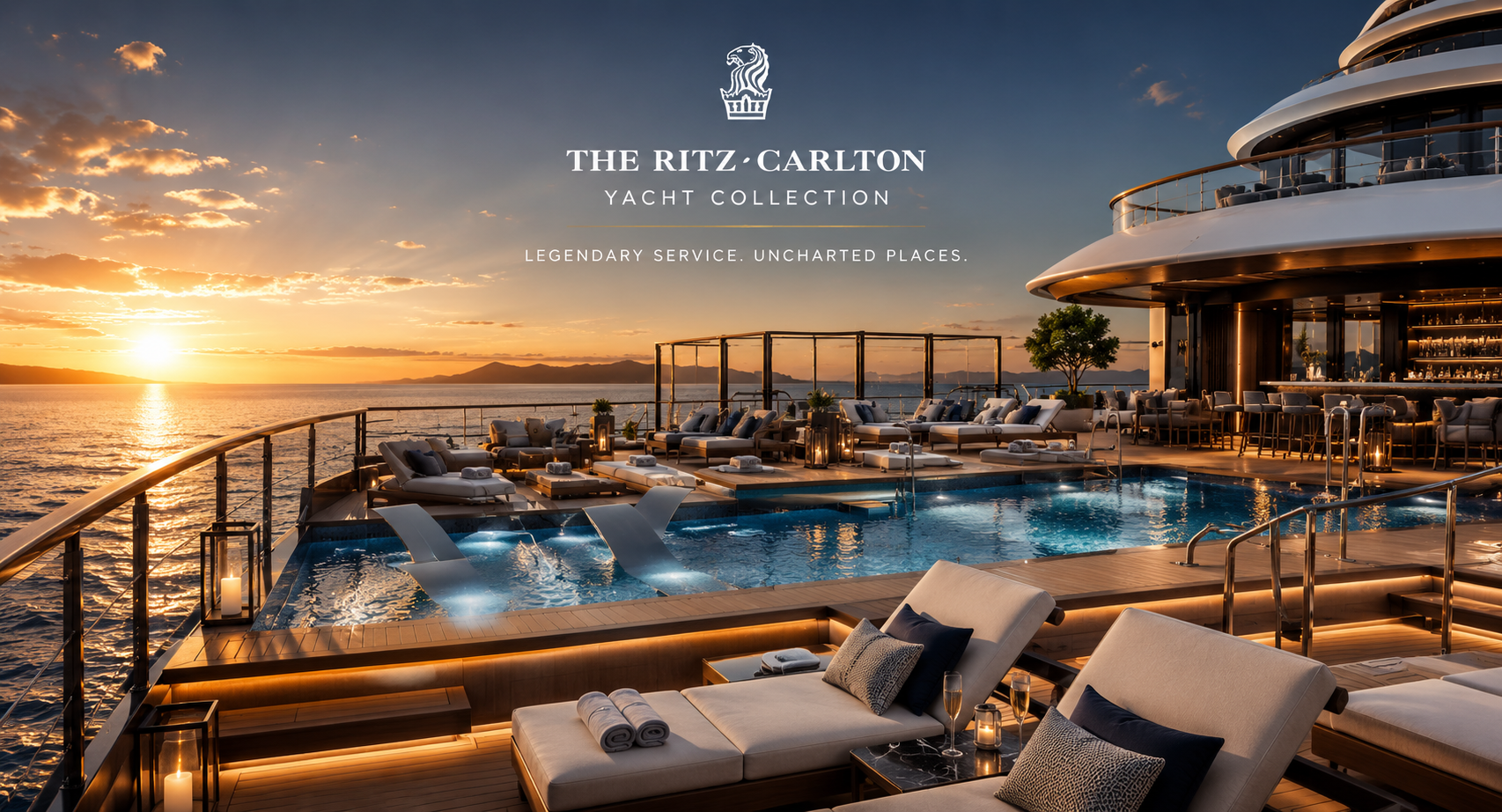 Luxury cruise experience aboard The Ritz-Carlton Yacht Collection with oceanfront pool deck, premium accommodations, and sunset views.