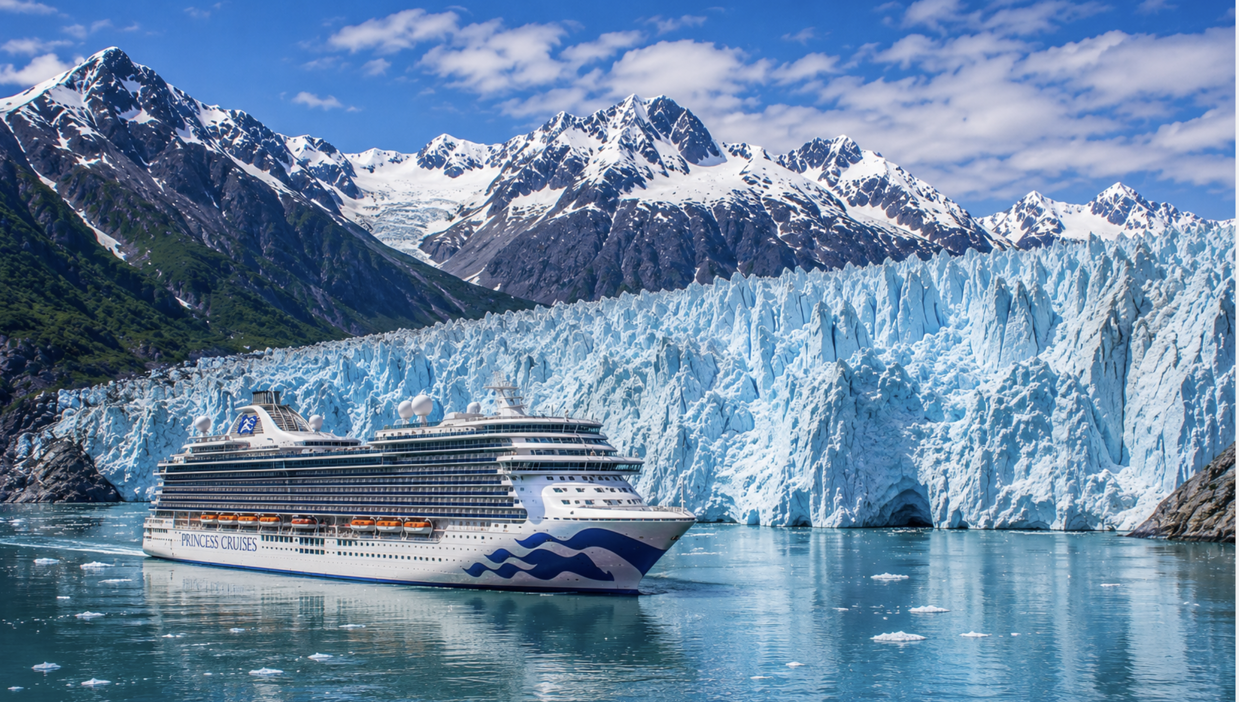 Royal Princess cruise ship sailing through Alaska's Inside Passage, featuring Glacier Bay, Juneau, Skagway, and Ketchikan on a hosted group cruise with Ruggles & Routes Travel Co.