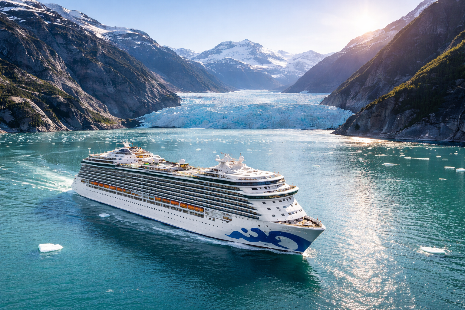 Royal Princess cruise ship sailing through Glacier Bay, Alaska with glacier views and mountain scenery
