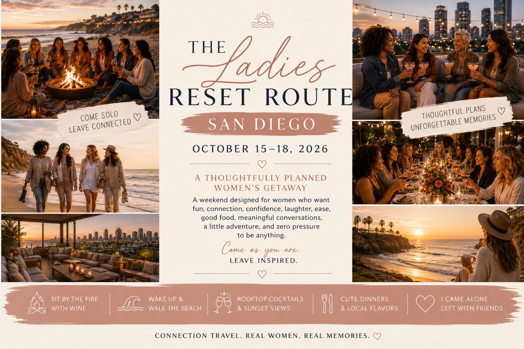 Women enjoying a luxury girls’ getaway in San Diego featuring beach sunsets, rooftop gatherings, meaningful connections, and curated experiences.