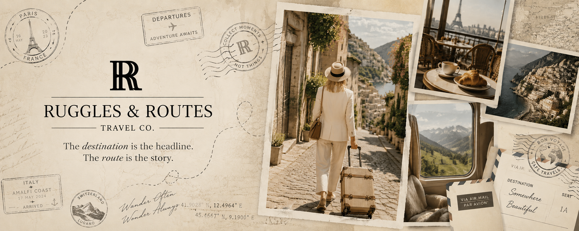 Ruggles & Routes Travel Co branded banner featuring a woman walking a cobblestone street in Italy, with travel inspired imagery of the Amalfi Coast, a Paris cafe, and mountain train views. Vintage passport stamps.