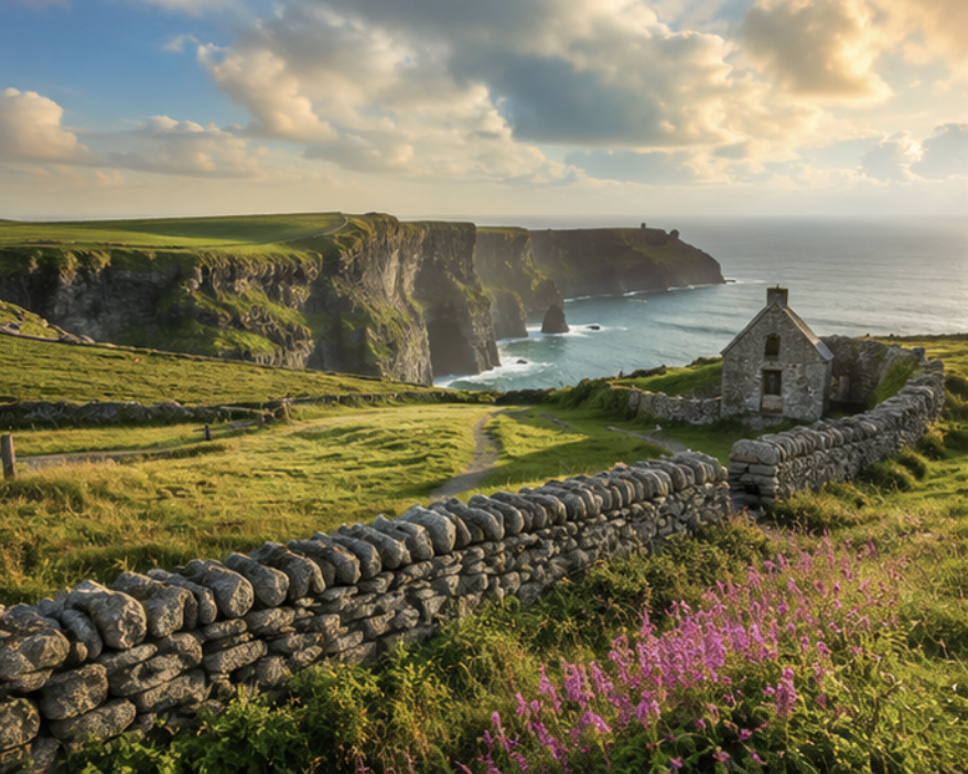 Dramatic Irish coastline with rolling green hills, ancient stone walls, and sweeping views of the Atlantic Ocean.