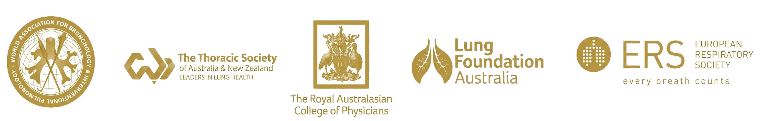 Logos of multiple organizations, including the World Association for Bronchology & Interventional Pulmonology, the Thoracic Society of Australia and New Zealand, The Royal Australasian College of Physicians, the Lung Foundation Australia, and the European Respiratory Society.