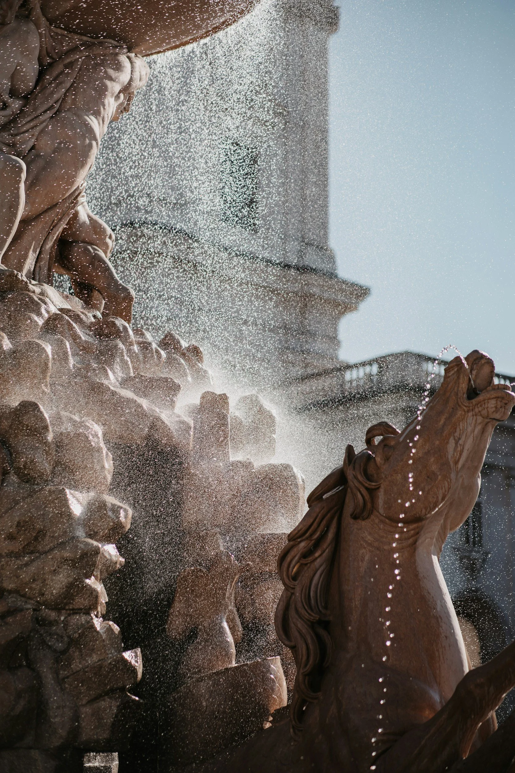 Close-up of a fountain with a horse sculpture on the right, water splashing, and a background of classical building architecture.
