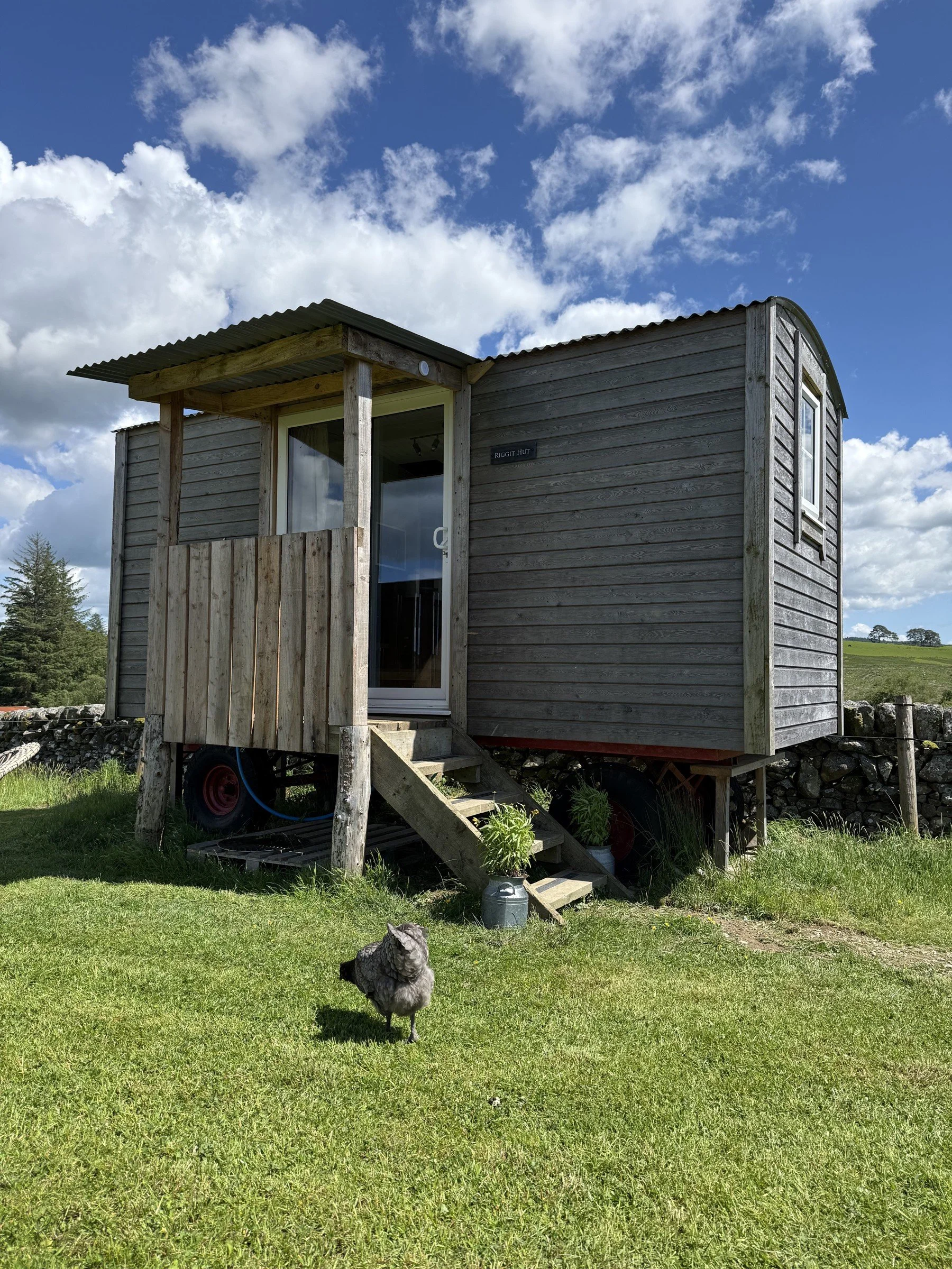 Your private retreat in the Glenkens — Riggit Hut and its sheltered porch.