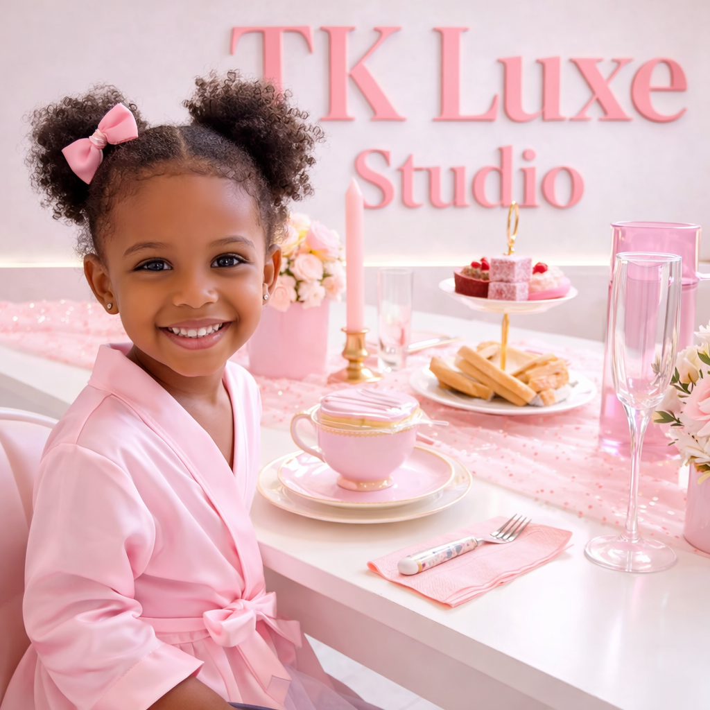 Kids pamper party high tea dining experience at TK Luxe Studio Cairns with a girl seated at a styled table featuring pink teacups, snacks, tiered cakes and floral arrangements.