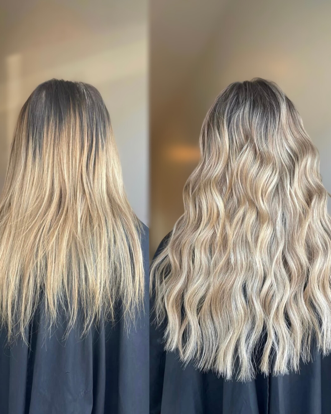 before and after, from fine to thick, long hair, seamless hair extensions, blonde hair