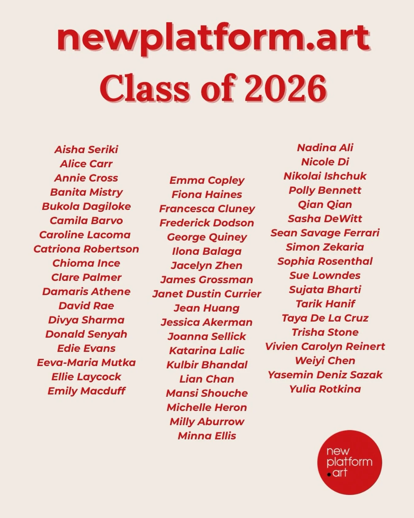 Introducing our class of 2026 💫

We&rsquo;re proud to announce the 55 artists selected for our 2025/2026 Professional Development Programme.

In the coming weeks, we&rsquo;ll be spotlighting each artist, sharing insights into their practice and what