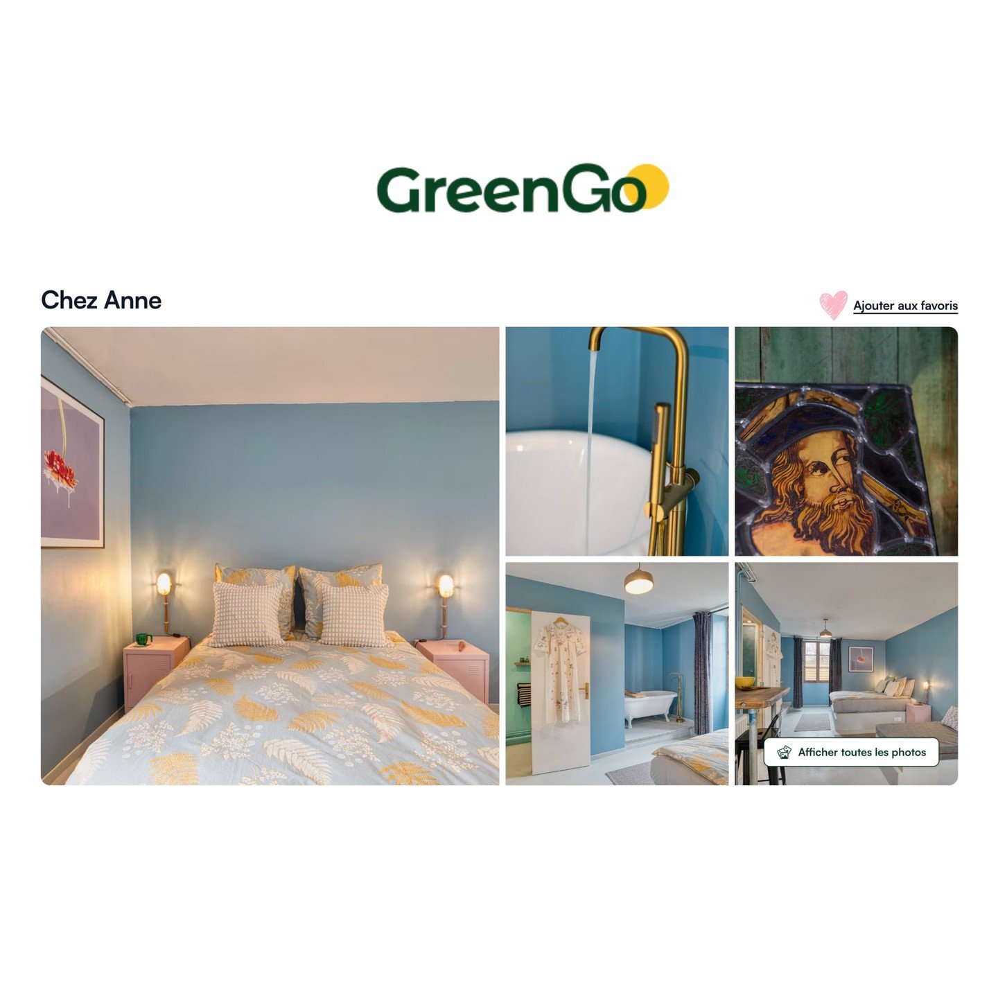 D&eacute;couvrez GreenGo, la plateforme qui met en avant des h&eacute;bergements engag&eacute;s dans une d&eacute;marche durable.

R&eacute;servez Chez Anne ou d&rsquo;autres lieux de vacances selon leurs initiatives &eacute;cologiques et leur profil