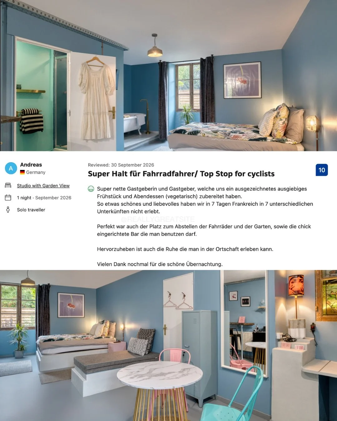 🌸 Notre plus bel avis &agrave; ce jour, laiss&eacute; par un adorable couple de cyclistes allemands sur Booking.com ! 🚴&zwj;♀️🚴&zwj;♂️

⭐ Note : 10/10

&laquo; Une &eacute;tape exceptionnelle pour les cyclistes ! &raquo;

&laquo; Une h&ocirc;tesse