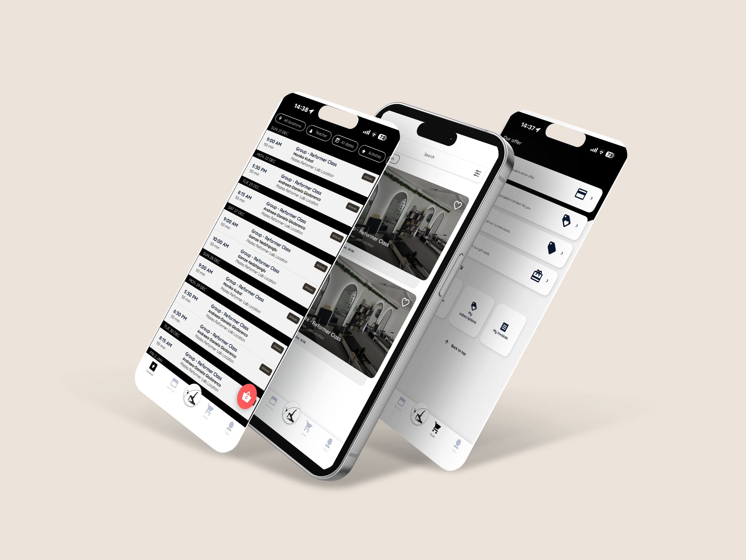 Three smartphones displaying different screens of a fitness app, including class schedules, a photo of a gym interior, and user profile options, with a neutral beige background.