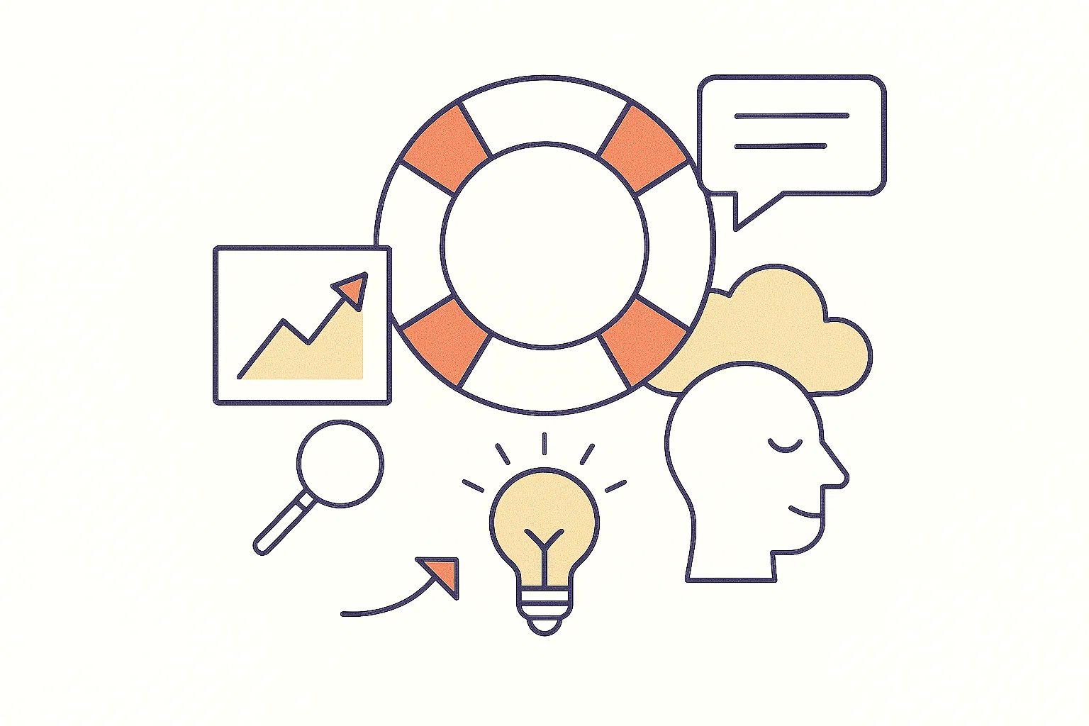 An illustration of a support service with life ring and ideas