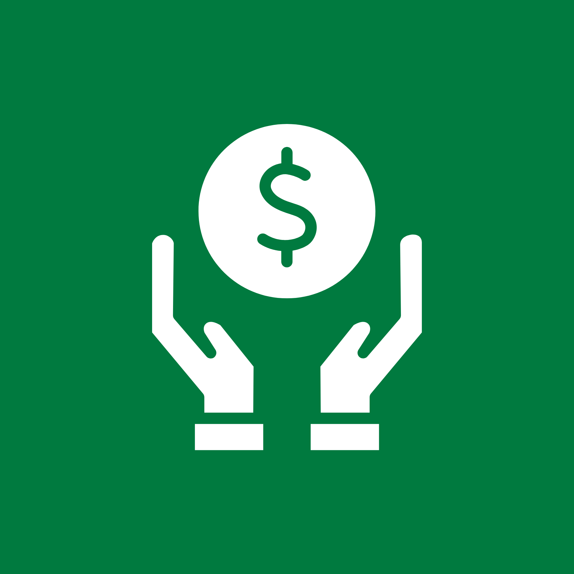 Icon of two hands holding a dollar coin on a green background.