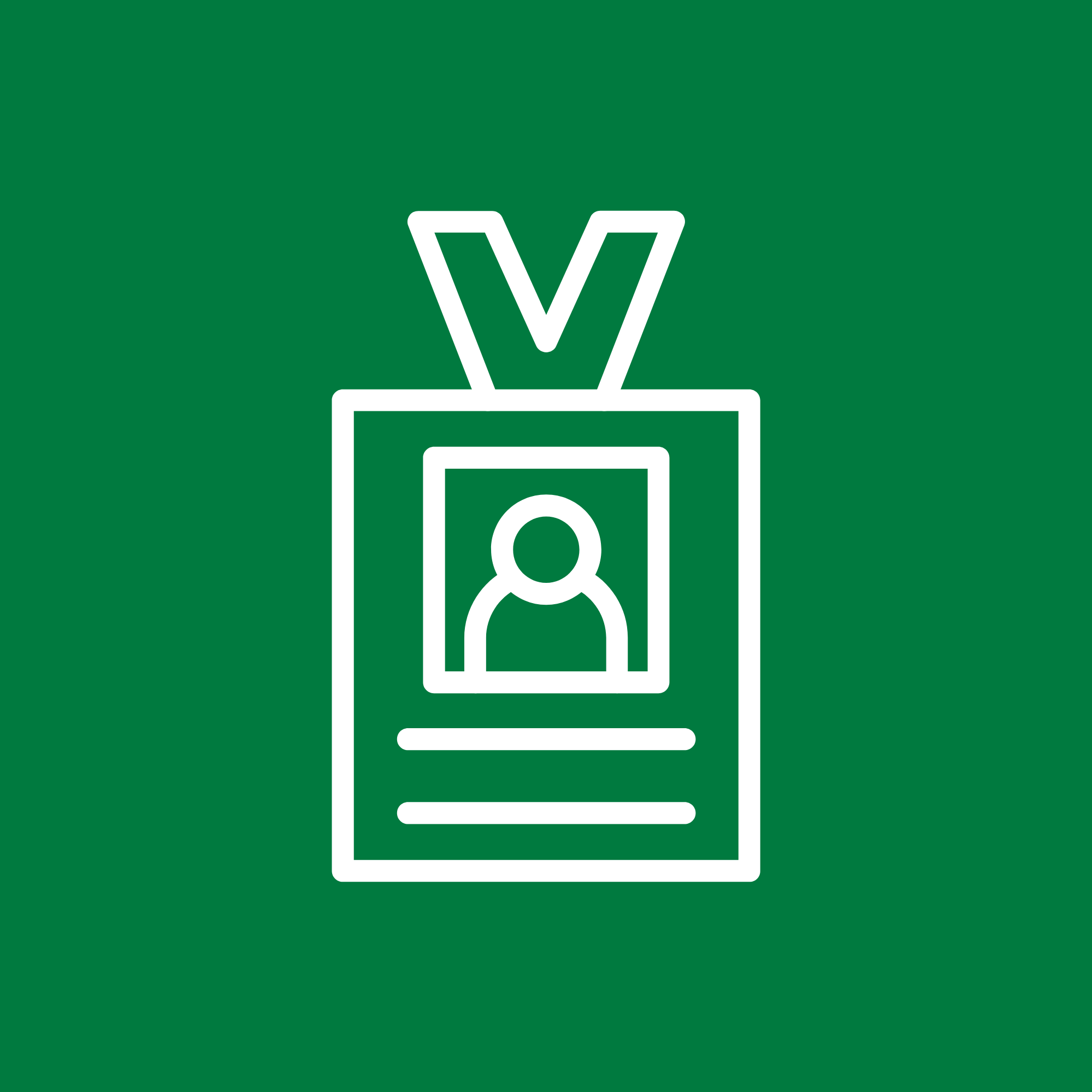 Outline of a conference badge with a person's silhouette and a lanyard, on a green background.