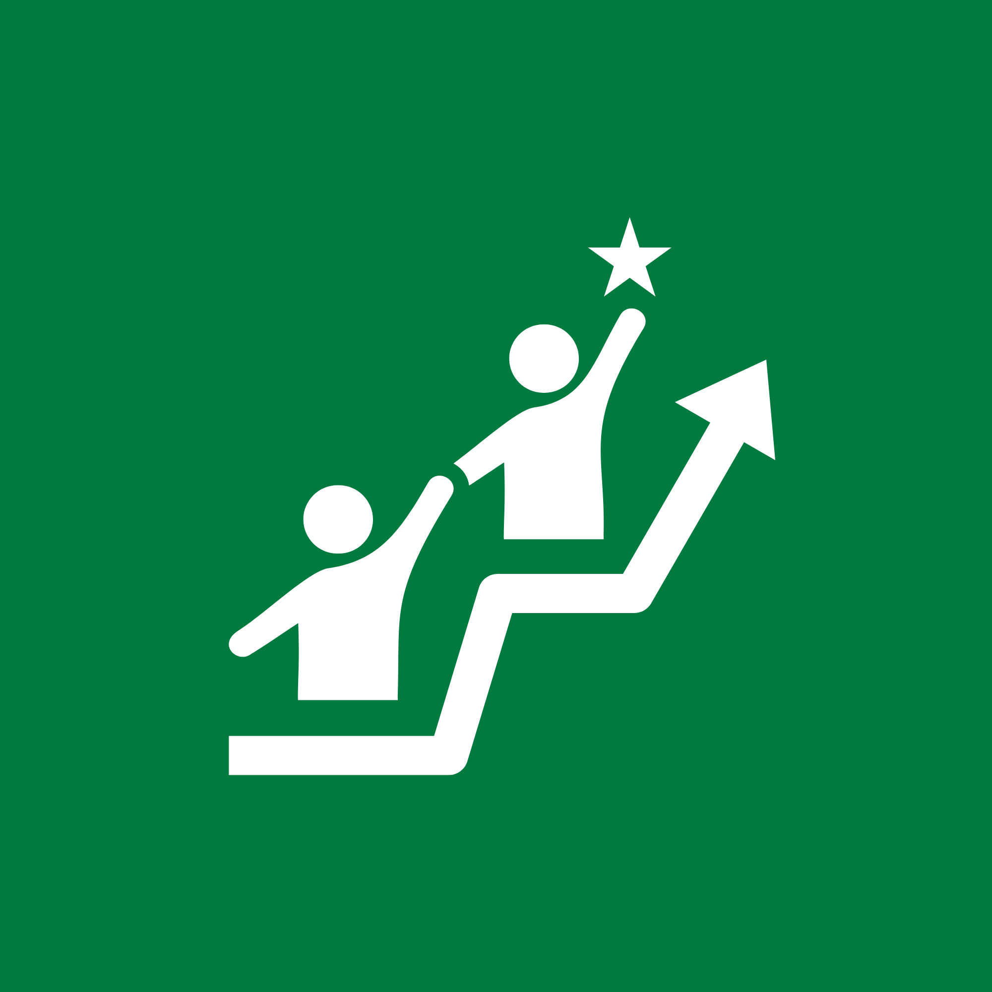 Icon of two people on stairs, one reaching for a star, with an upward arrow indicating success or achievement.