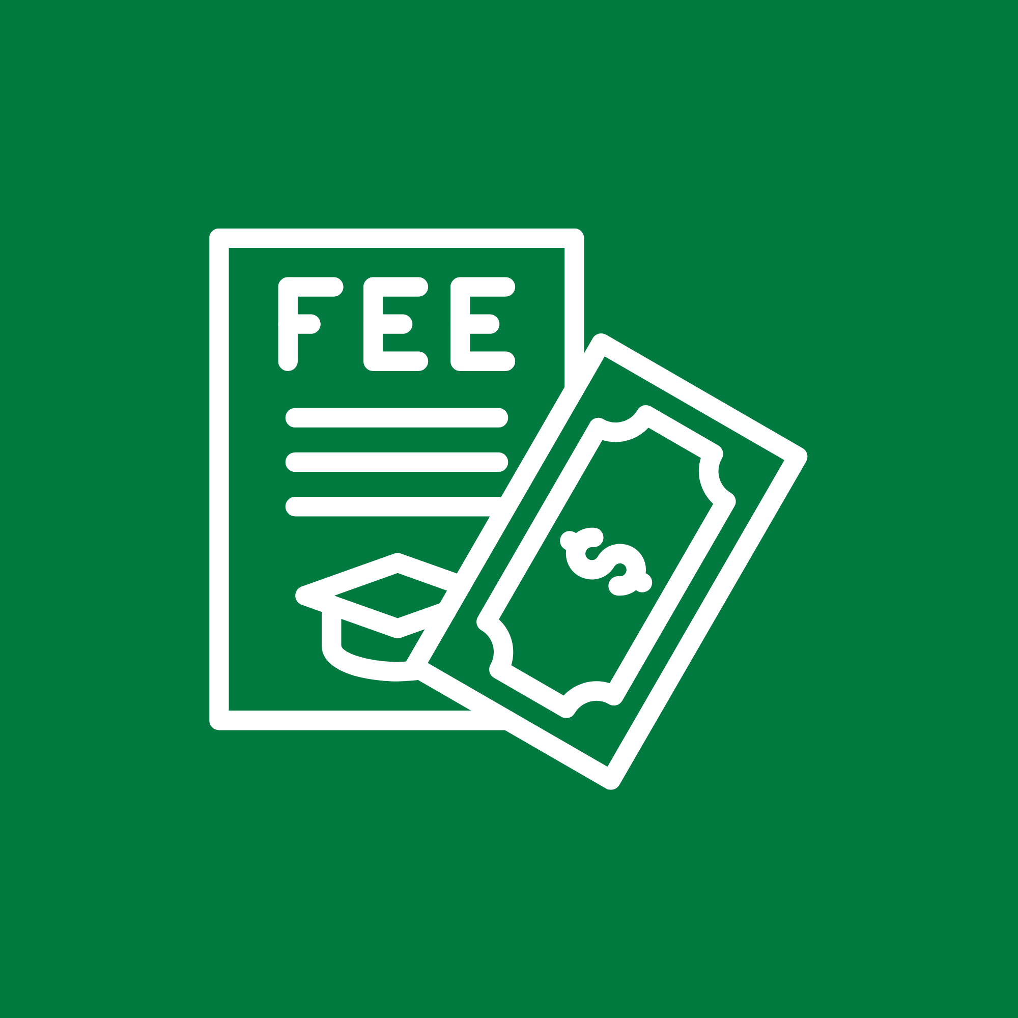 Icon representing fee and fine payment, showing a fee notice with a graduation cap and a dollar bill.