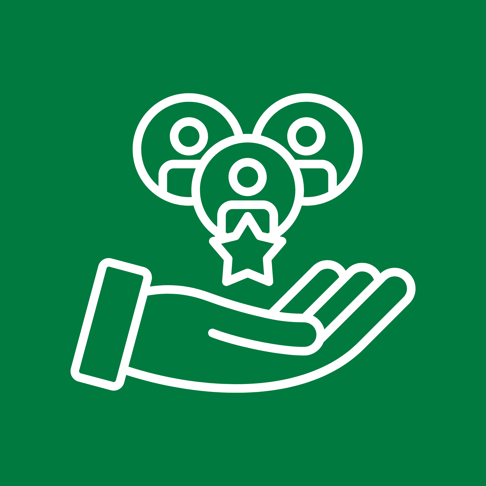 Icon of a hand holding three human figures with a star in front of their chest, on a green background.