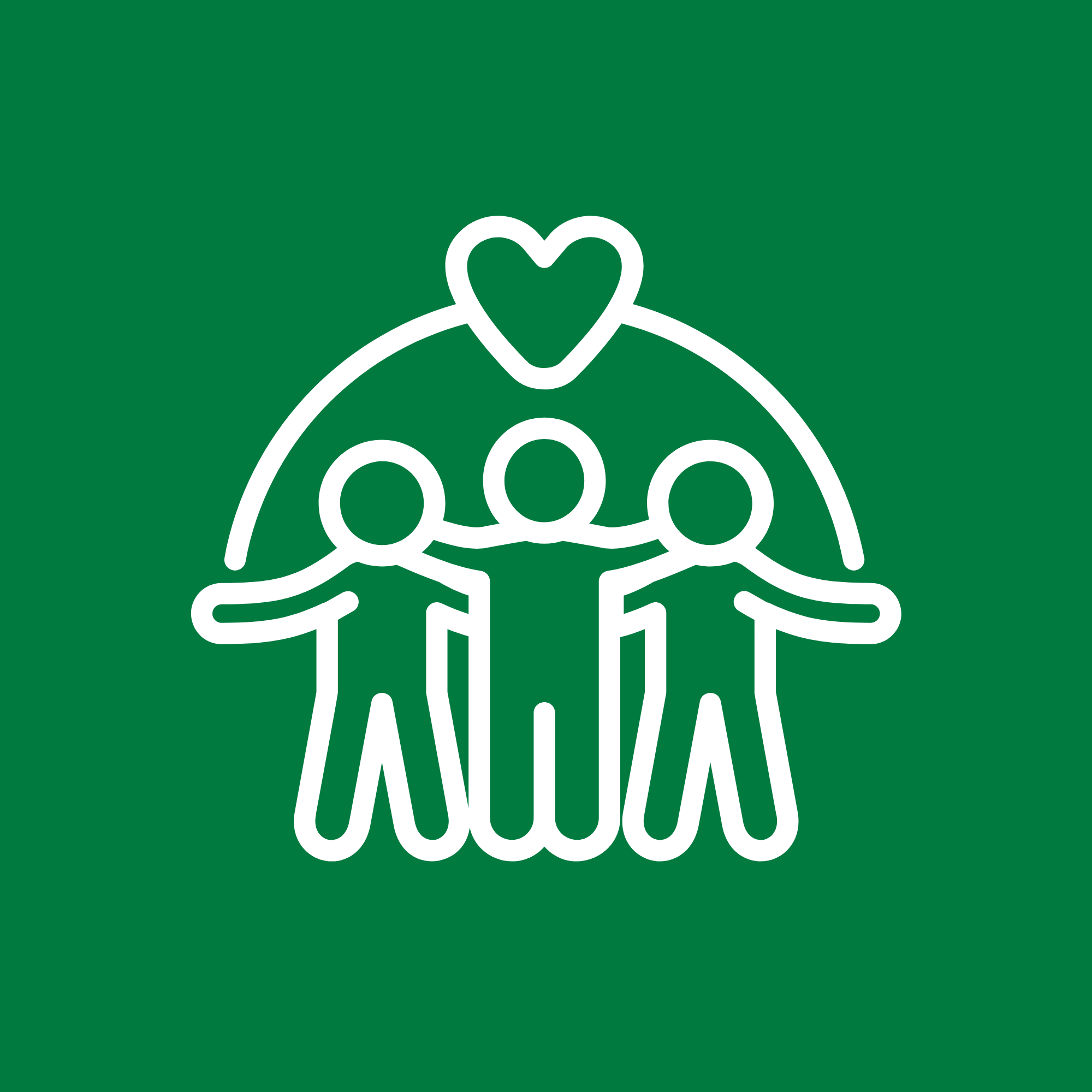 Line drawing of three children standing together with arms around each other, topped with a heart and rainbow line, on a green background.