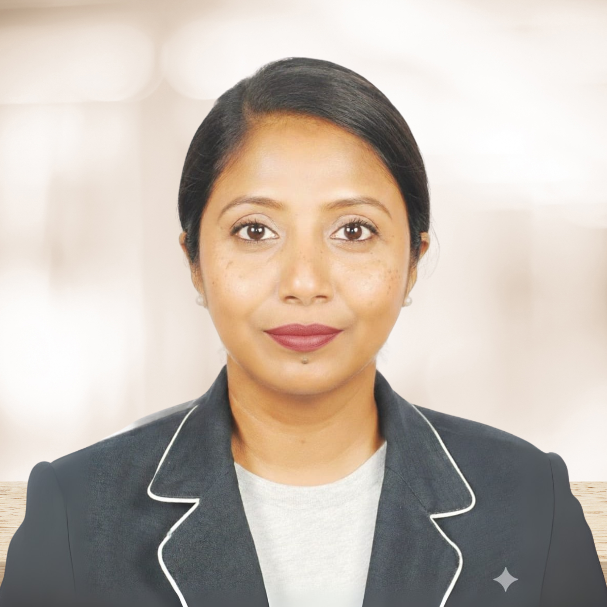 Portrait of a woman with short black hair, wearing a dark blazer with white piping, smiling slightly against a light blurred background.
