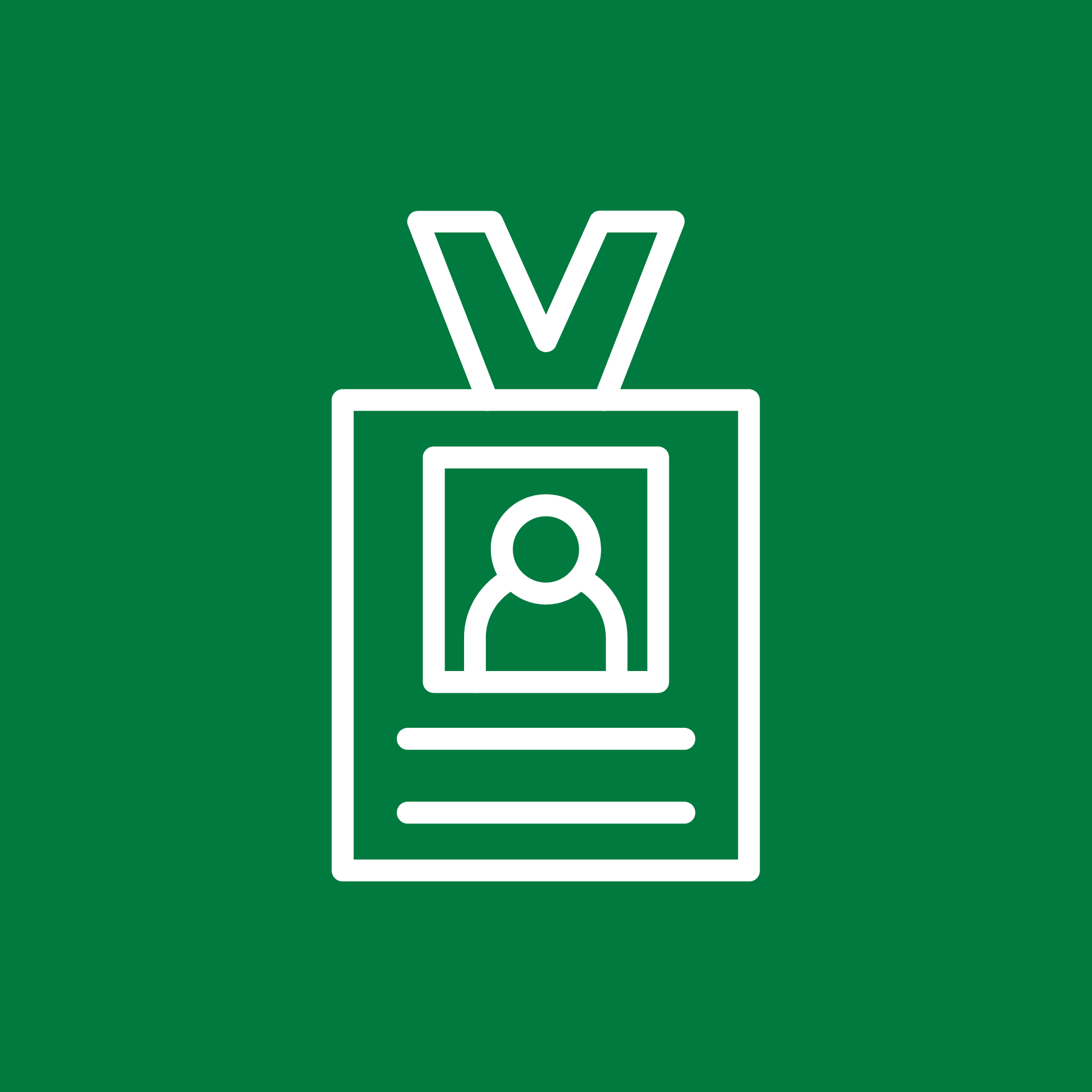 A digital illustration of an ID badge with a photo, name, and medals on a green background.