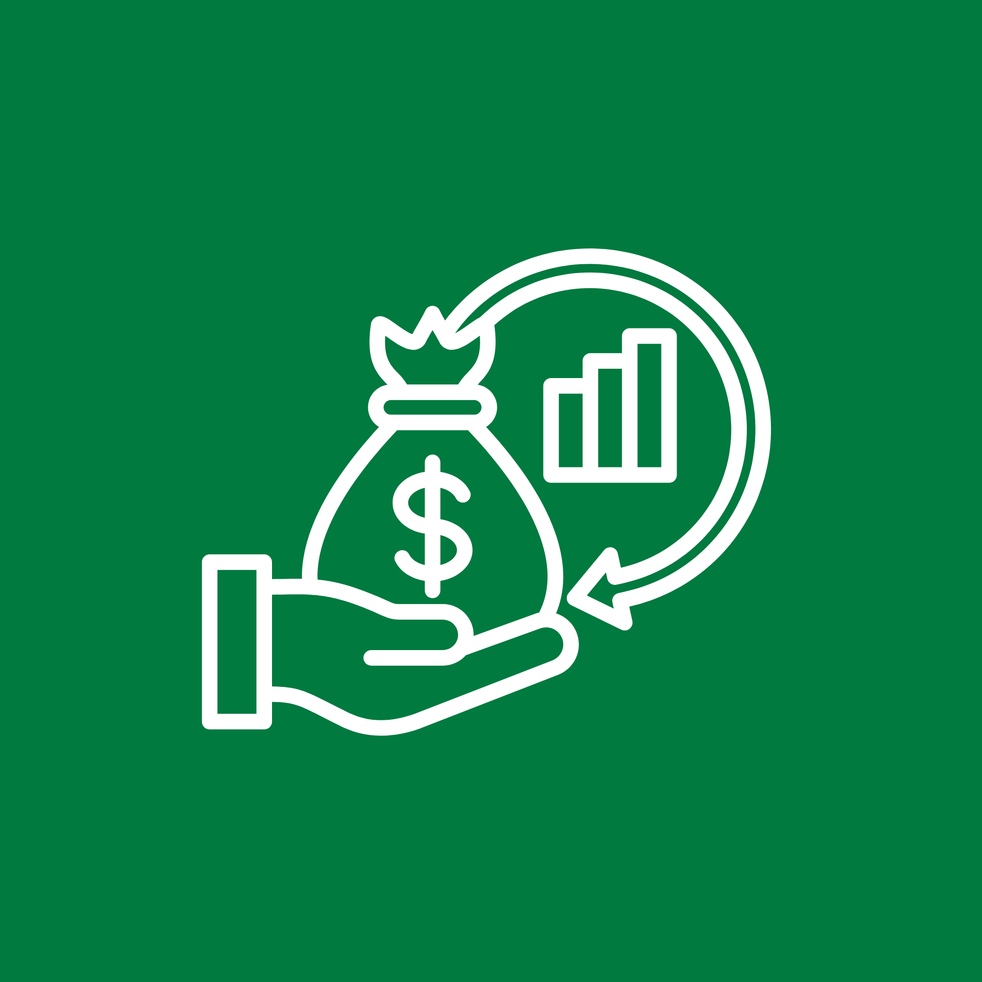 Line art icon of a hand holding a money bag with a dollar sign, surrounded by a circular arrow and a bar chart indicating financial growth.