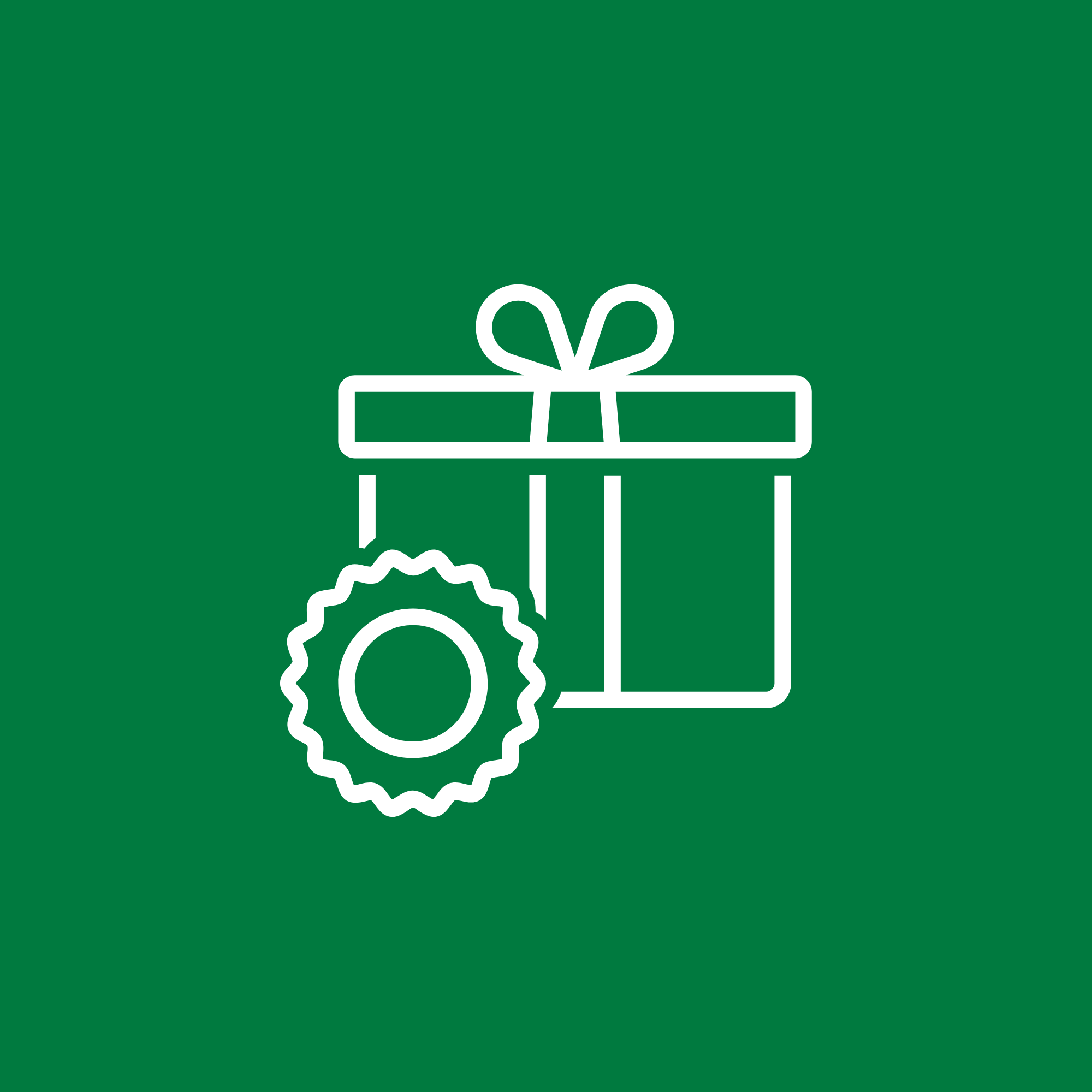 Outline of a wrapped gift box with a bow and a circular badge or seal on a green background.