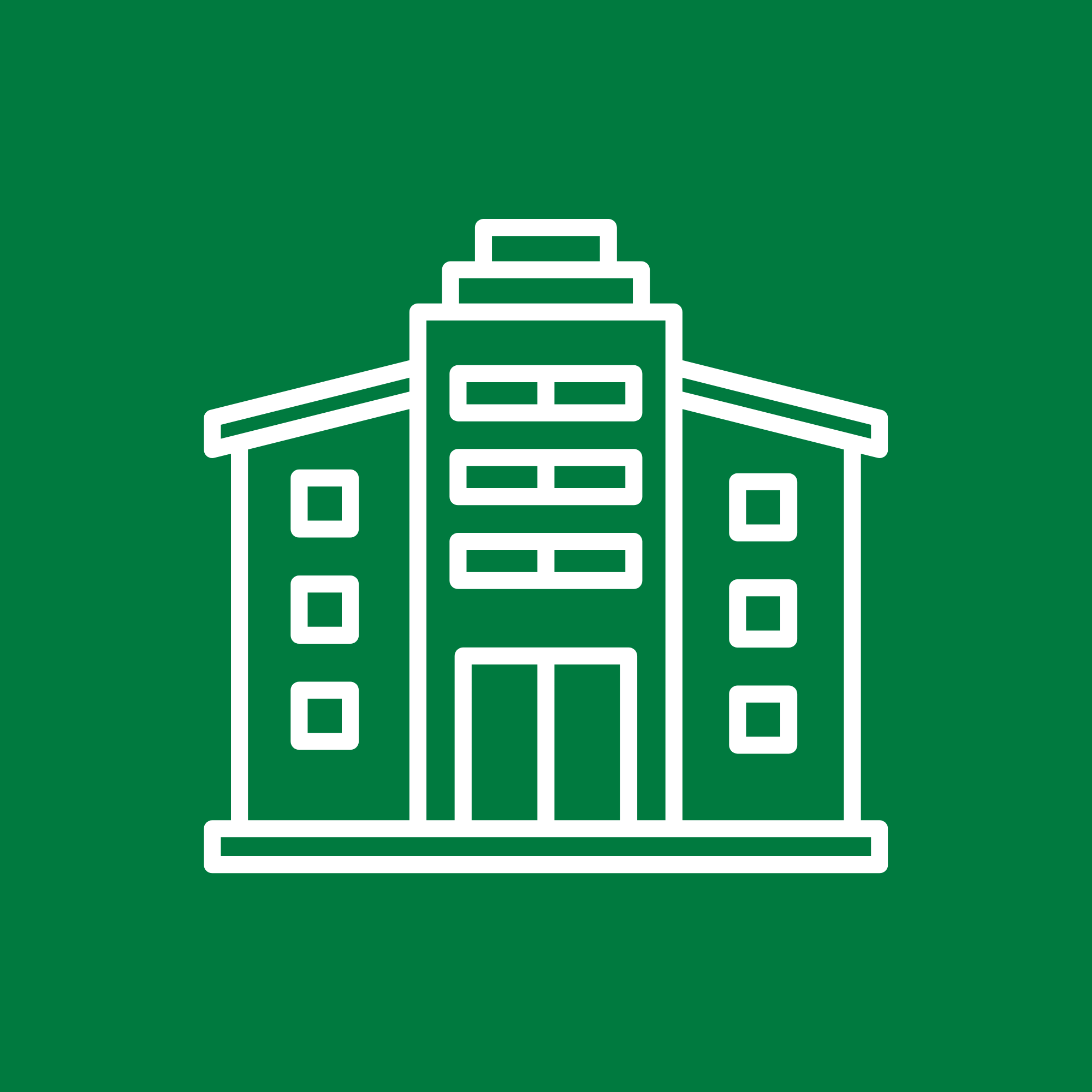 Outline icon of a large multi-story office building with a central entrance, set against a green background.