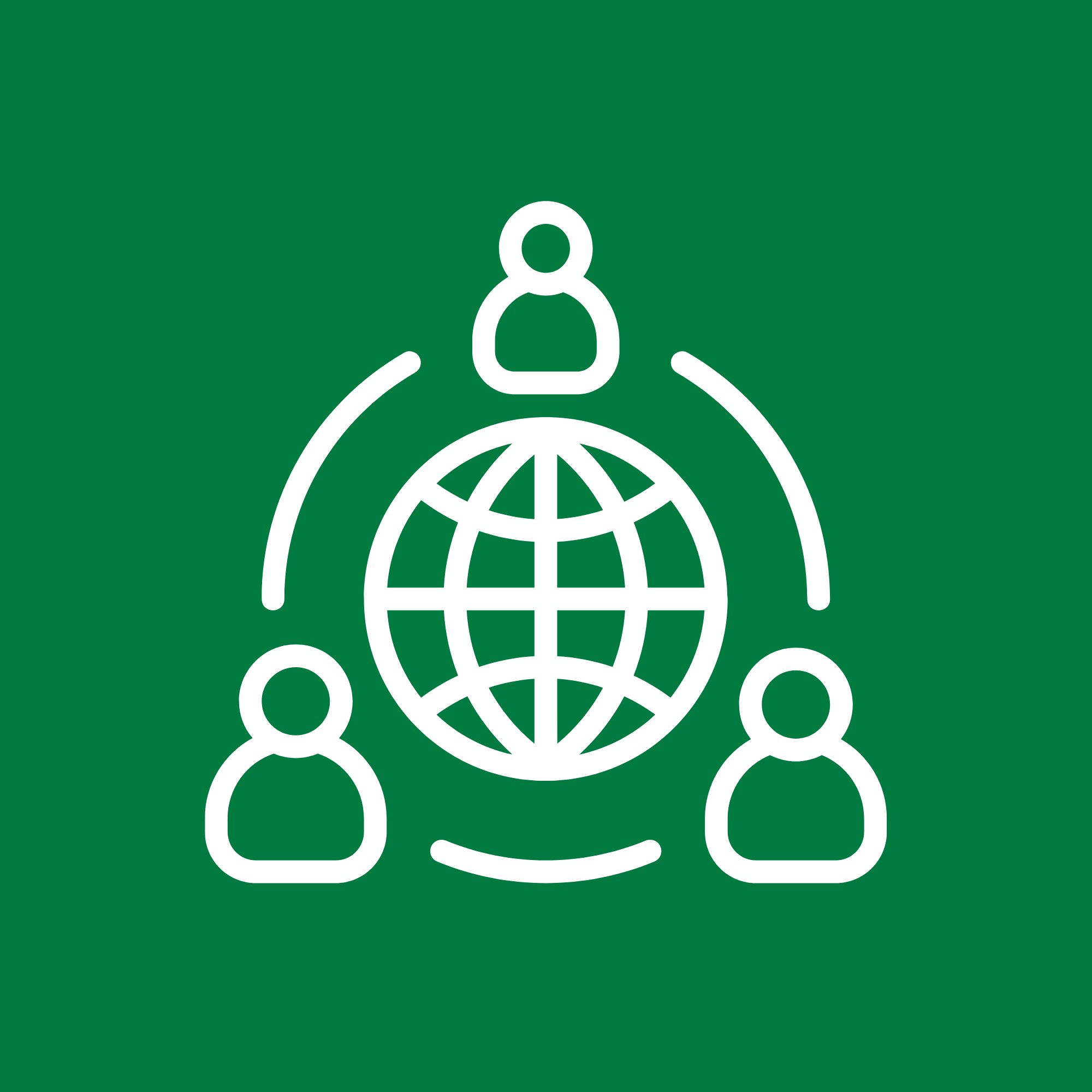 Icon of three people connected around a globe, symbolizing global communication or network.