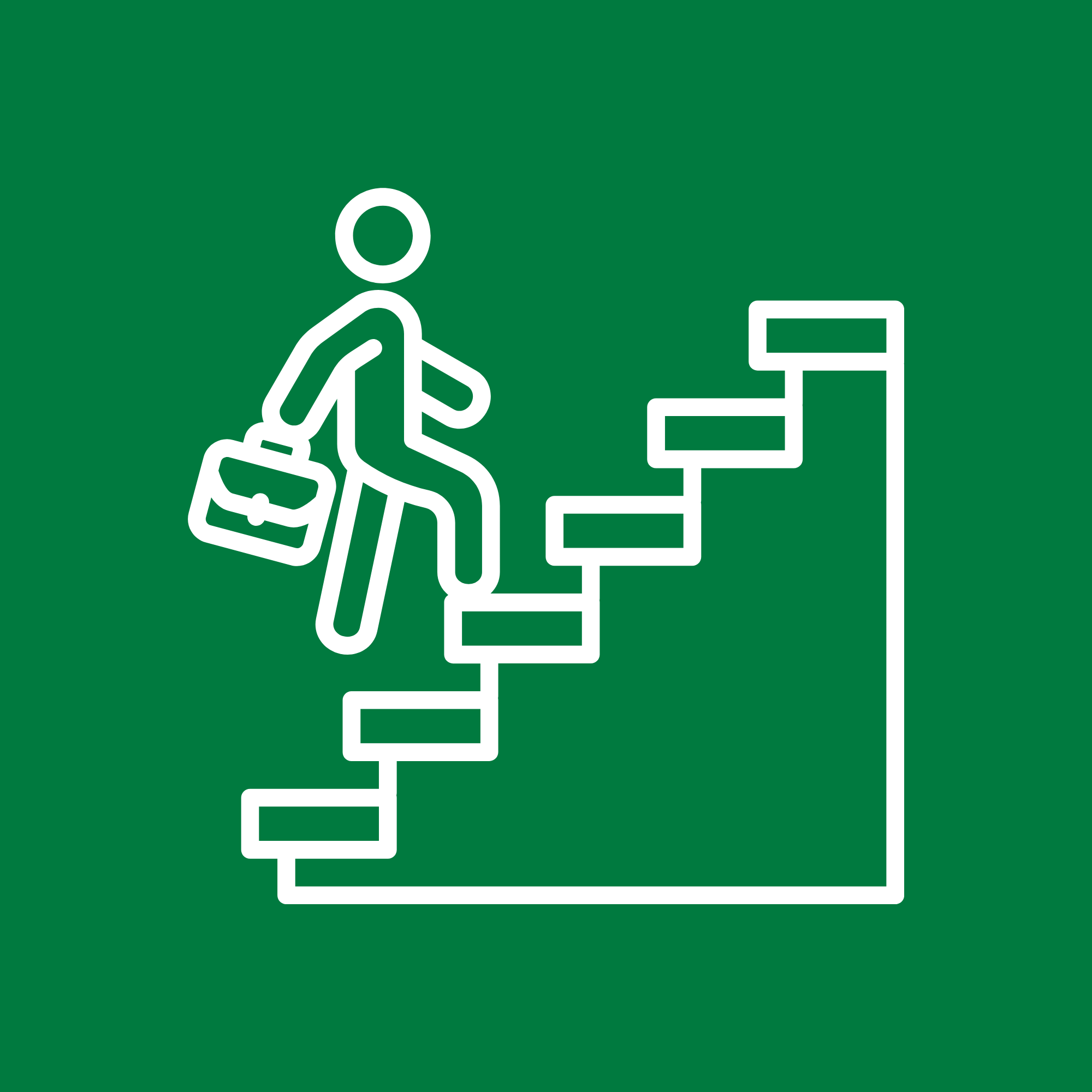 Line art of a person with a briefcase walking up stairs, depicted on a green background.
