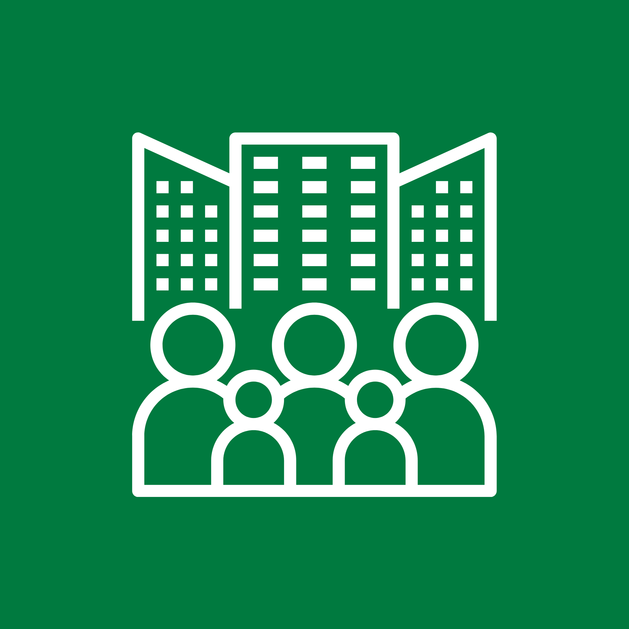 Icon of a group of people in front of a large building with multiple windows, indicating a community or organization.