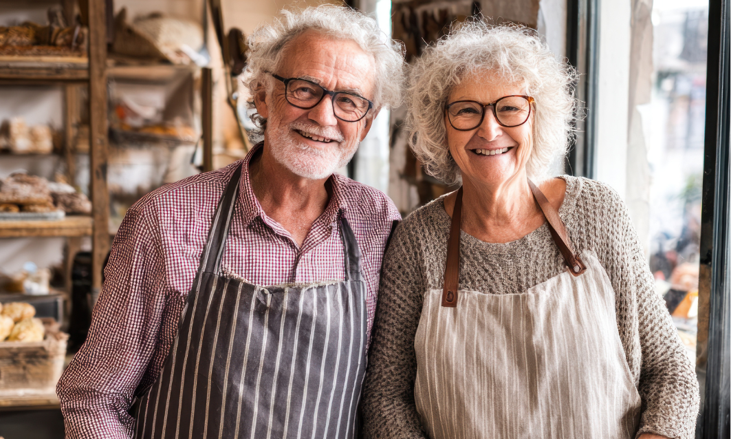 Smiling elderly couple working at a bakery, wearing aprons, inside a bakery shop with baked goods on shelves.
