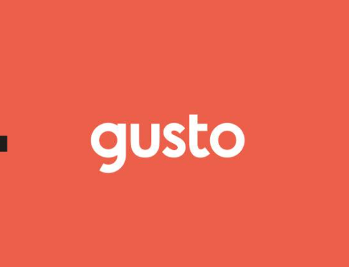 The word 'gusto' in white lowercase letters on a red background.