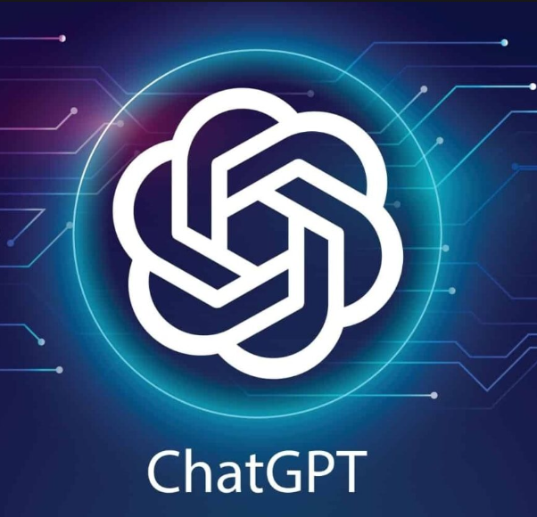 Logo of ChatGPT, featuring a geometric, interconnected design resembling a brain or knot, with digital circuit lines in the background.