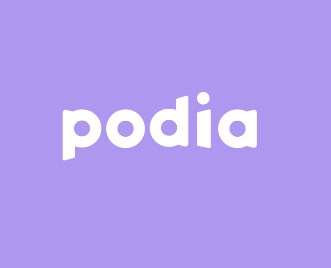 The word 'podia' in white lowercase letters on a purple background.